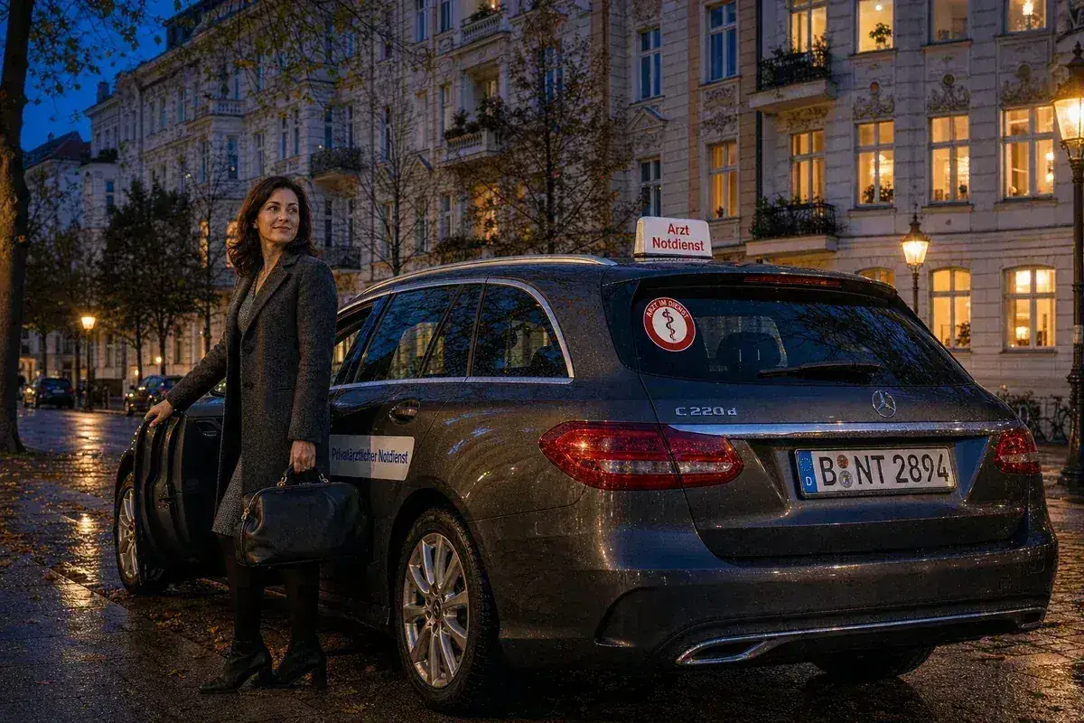 Kinderärztin auf dem Weg zum Hausbesuch — Service-Fahrzeug am Abend in einer gehobenen Wohngegend