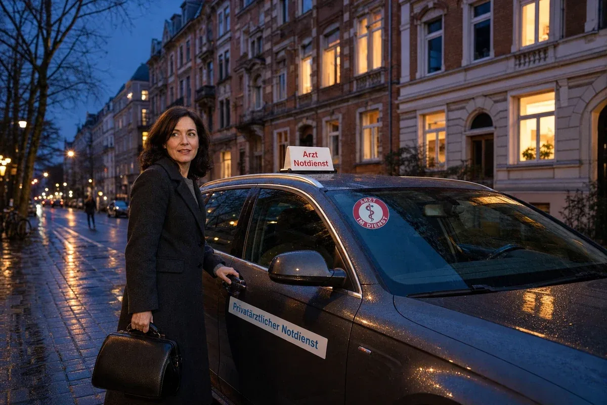 Kinderärztin auf dem Weg zum Hausbesuch in Frankfurt am Main — Service-Fahrzeug am Abend